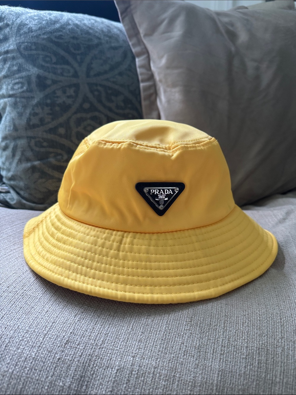 Prada Yellow Nylon Bucket Hat with Triangle Logo